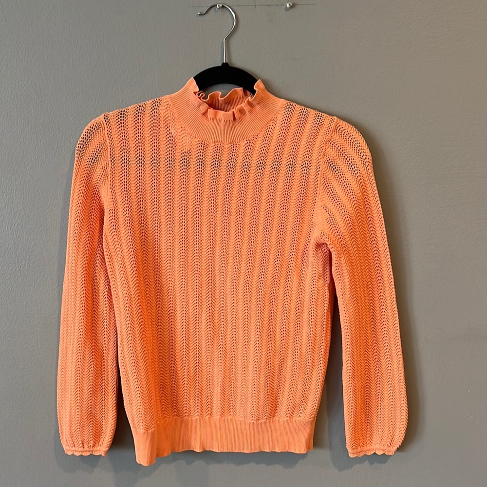 J. Crew Womens Sweater Size XXS Melon Pointelle Ruffle Mock Neck Knit Pu…